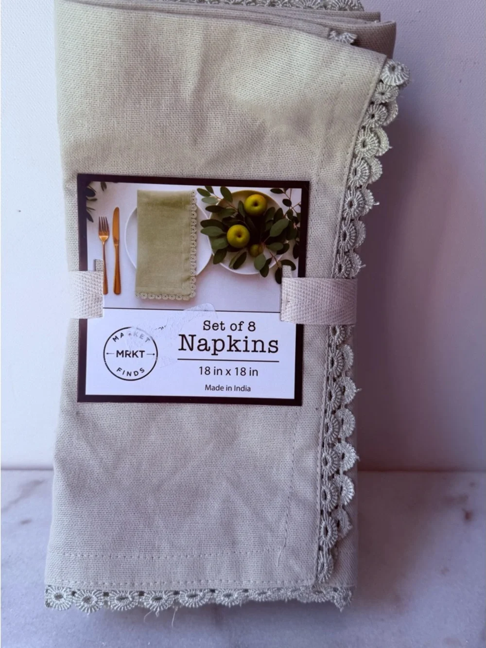 Set of 8 sage Cotton Napkins with Lace Trim